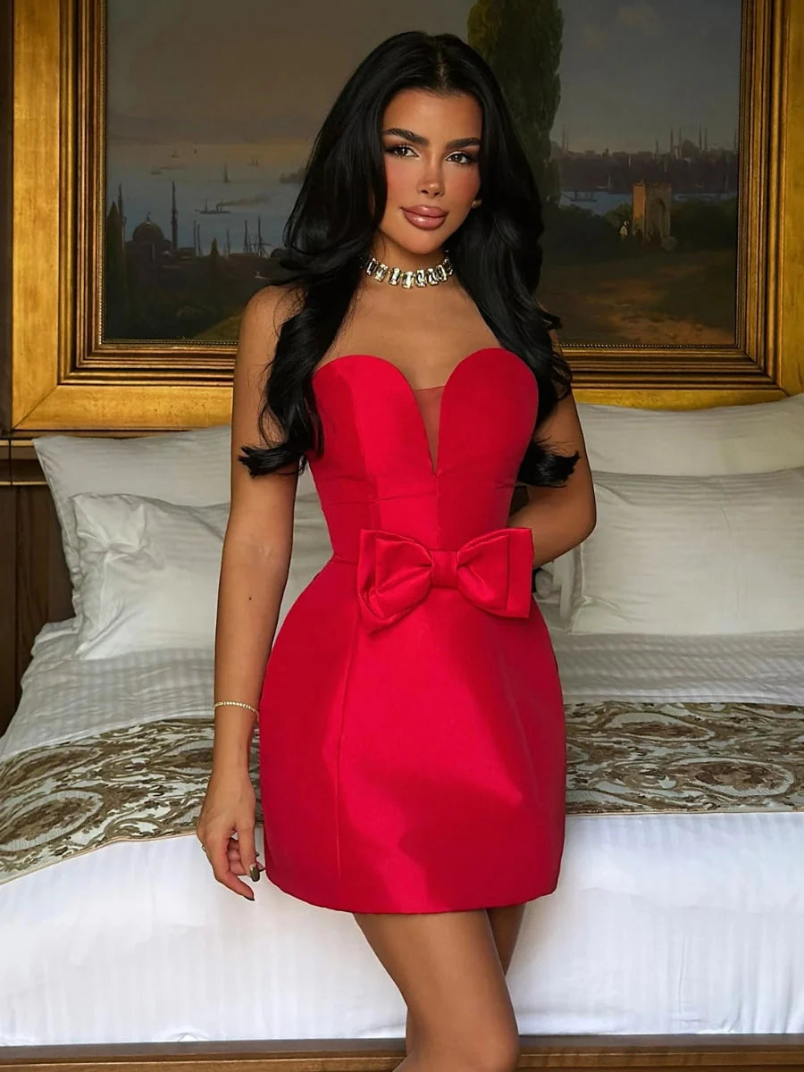 Solid Color Sweetheart Neck Bow Front Mini Dress