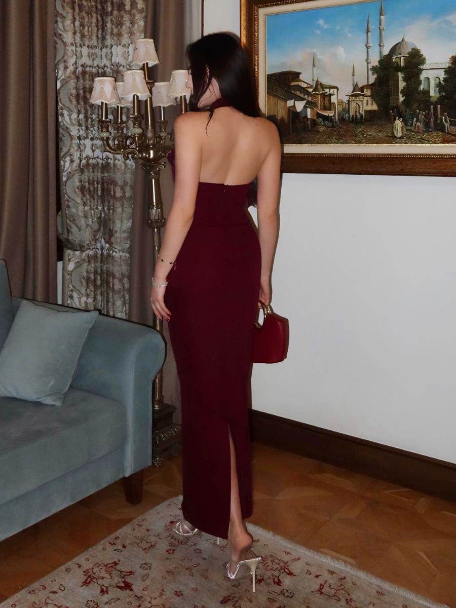 Backless Solid Color Halter Neck bodycon Dress