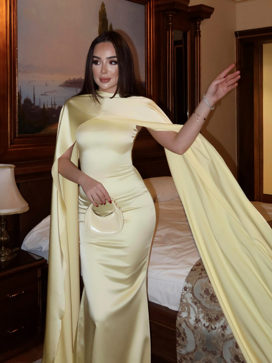 Elegant Shiny Satin Sleeveless Bodycon Maxi Dress With Cape