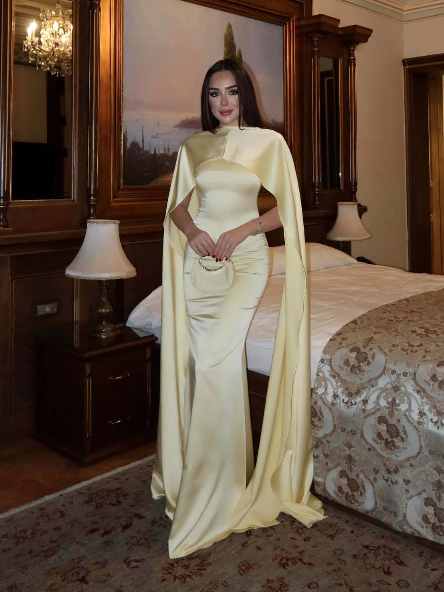 Elegant Shiny Satin Sleeveless Bodycon Maxi Dress With Cape