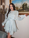 Tie-Up Loose Long Sleeve Ruffle Hem Elegant Mini Dress