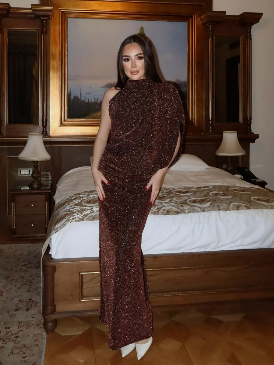 Shimmer Asymmetrical Draped One-Shoulder Bodycon Maxi Dress