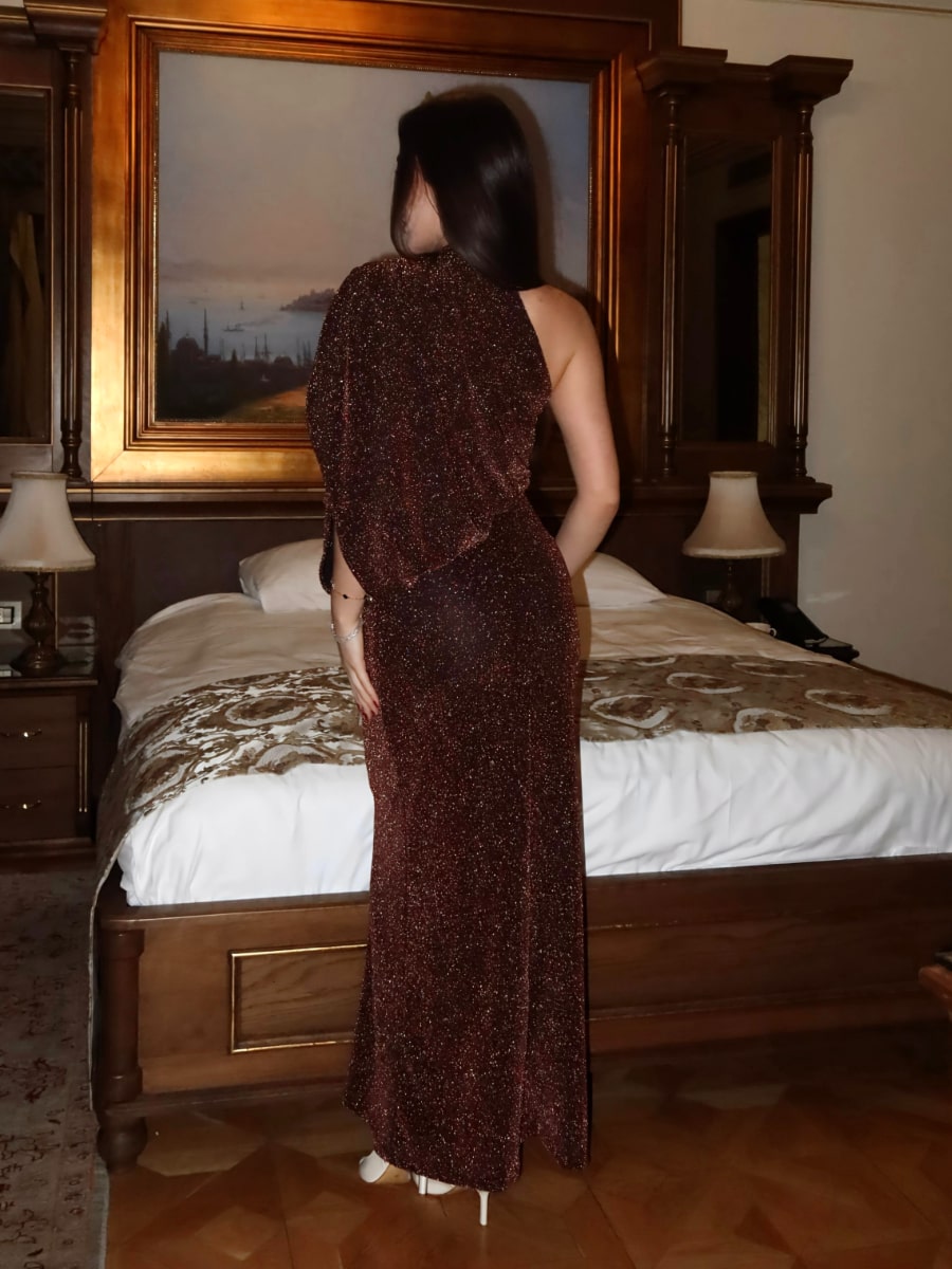 Shimmer Asymmetrical Draped One-Shoulder Bodycon Maxi Dress