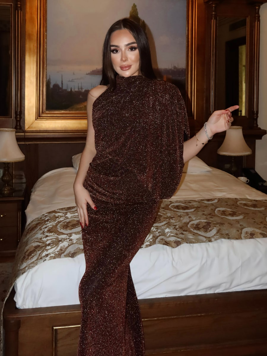 Shimmer Asymmetrical Draped One-Shoulder Bodycon Maxi Dress